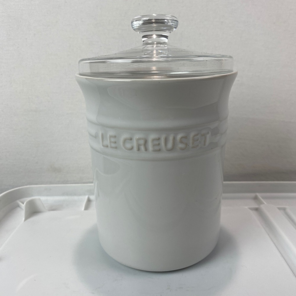 Le Creuset White Stoneware Canister Clear Glass Lid Tool Crock 7in